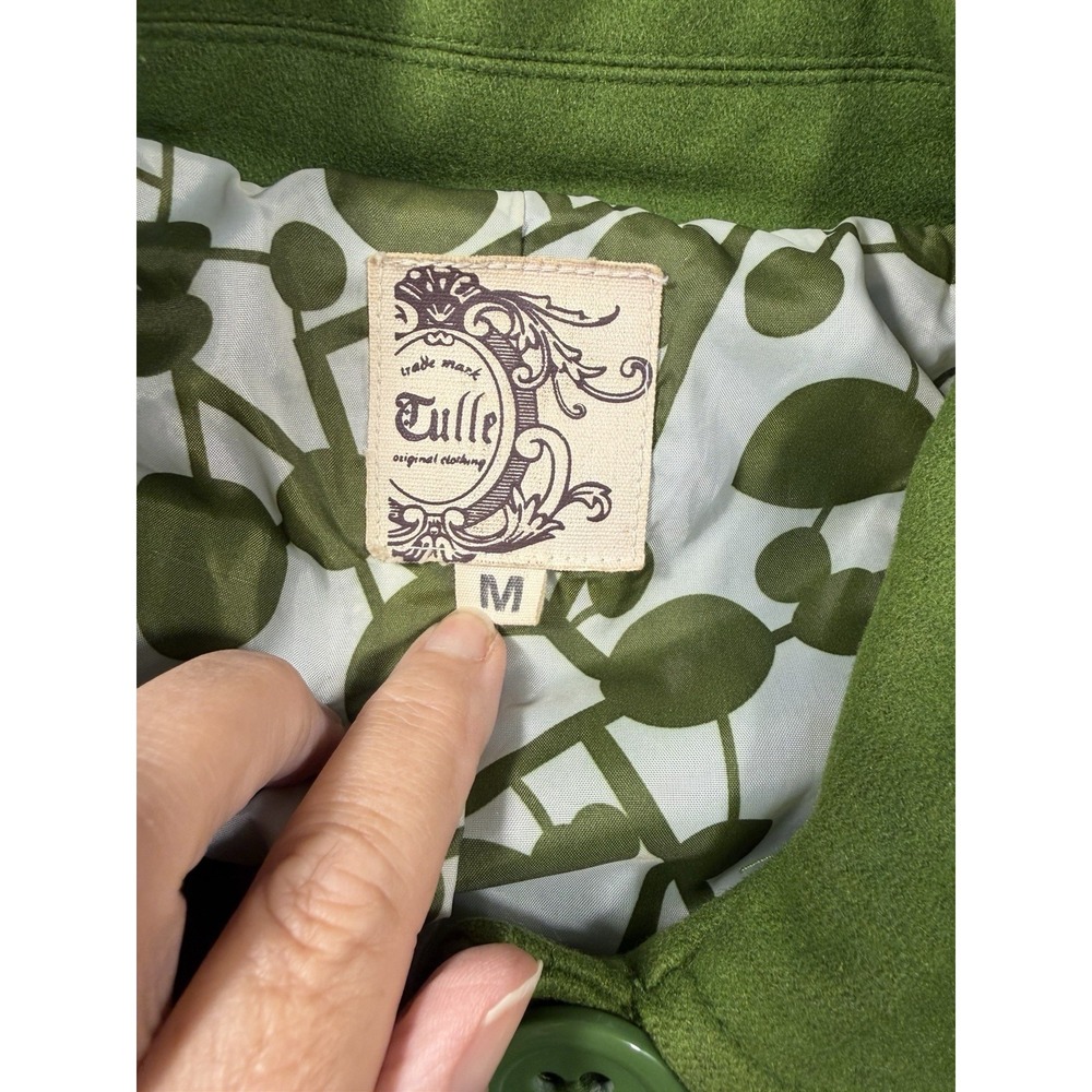 Tulle Clothing Green Wool Blend Pea Coat Retro Mod Button Pleated Pocket Medium - Picture 4 of 7